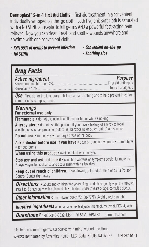 slide 5 of 6, Dermoplast First Aid 3-in-1 Cloths Antiseptic Treatment, 10 ct., 10 ct