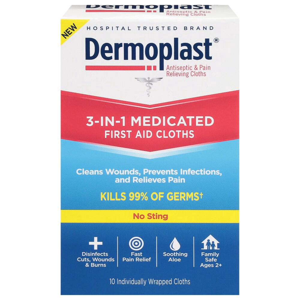 slide 2 of 6, Dermoplast First Aid 3-in-1 Cloths Antiseptic Treatment, 10 ct., 10 ct