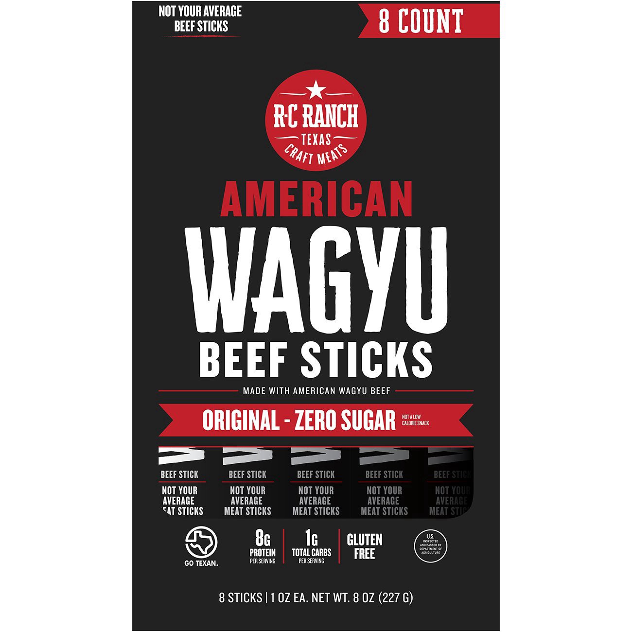 slide 1 of 1, R-C Ranch Texas Craft Meats Zero Sugar American Wagyu Original Beef Sticks 8 - 1 oz Sticks, 8 ct