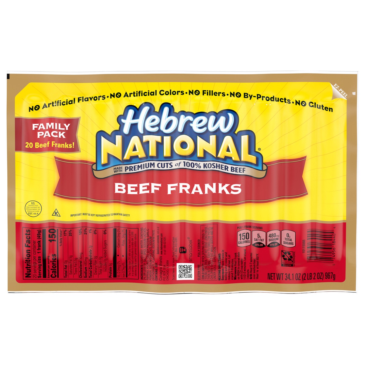 slide 1 of 5, Hebrew National Beef Franks Family Pack 20 ea, 20 ct