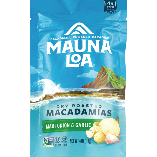 slide 1 of 1, Mauna Loa Dry Roasted Maui Onion & Garlic Macadamias, 4 oz