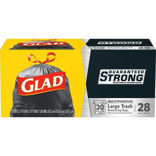 slide 1 of 1, Glad Trash Bags, Guaranteed Strong, Black Drawstring Bags, Large, 28 ct