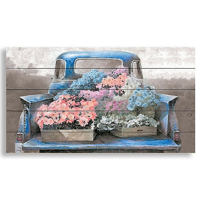 slide 1 of 1, Designs Direct Blue Truck And Florals Wood Plaque Wall Art, 19 in x 34 in