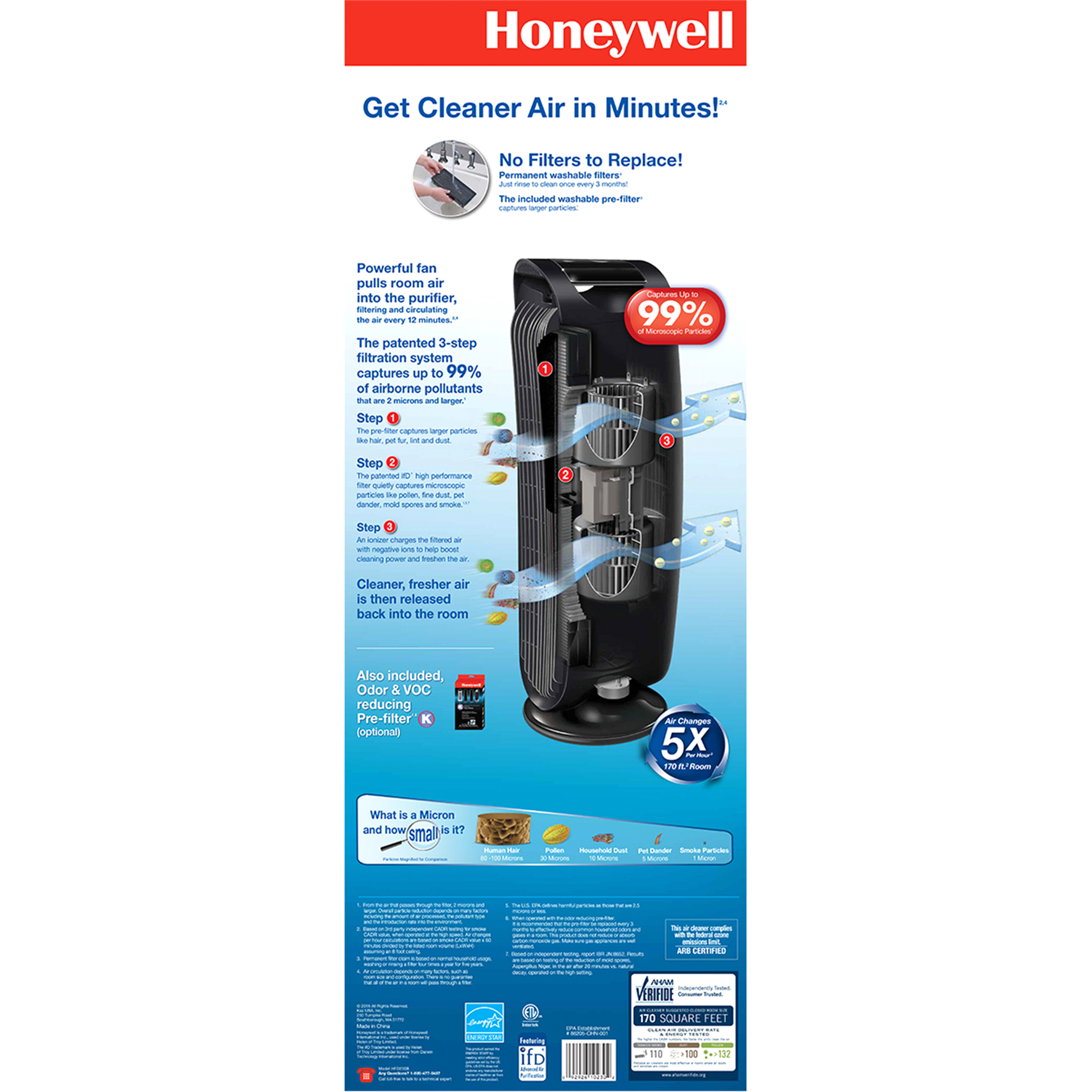 slide 9 of 9, Honeywell QuietClean Tower Air Purifier, 30 in, 30 in