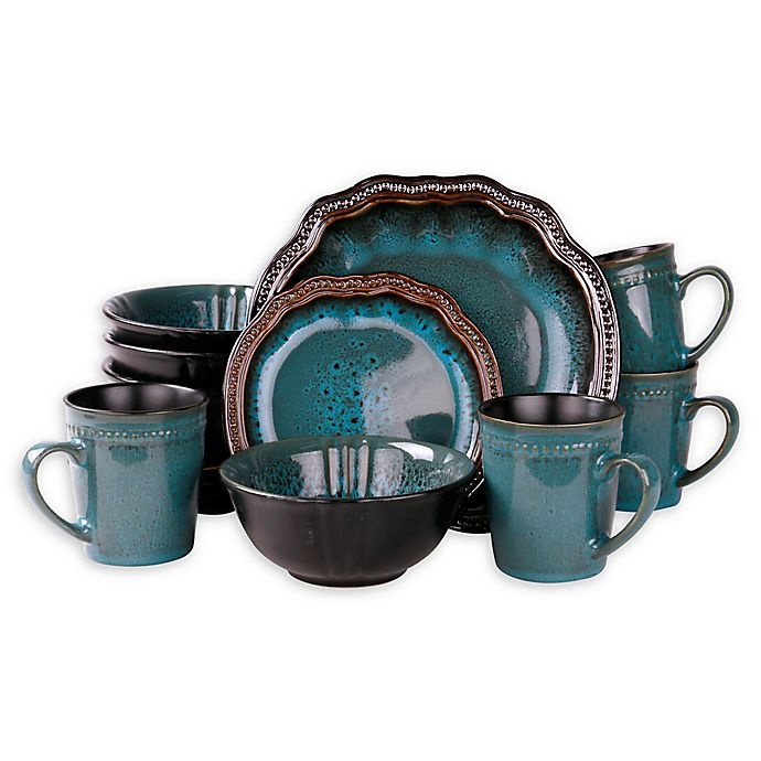 slide 1 of 10, Elama Scabiosa Dinnerware Set - Aqua, 16 ct