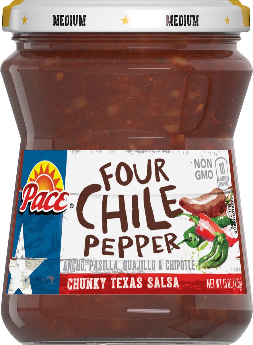 slide 1 of 5, Pace Salsa, Four Chile Pepper Salsa, Medium Salsa, Perfect for Taco Night, 15 Ounce Glass Jar, 15 oz