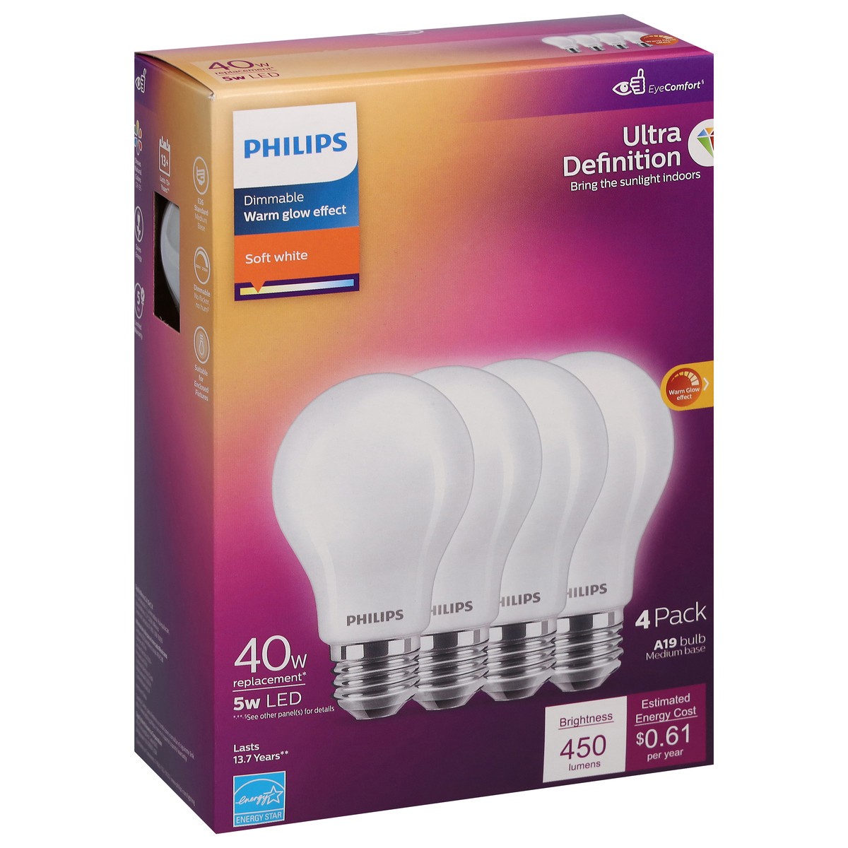 slide 5 of 9, Philips 5-Watt (40-Watt) A19 Led Light Bulbs, 4 ct