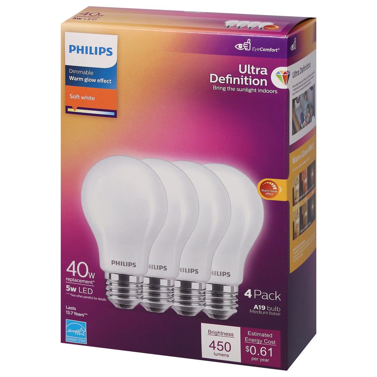 slide 4 of 9, Philips 5-Watt (40-Watt) A19 Led Light Bulbs, 4 ct