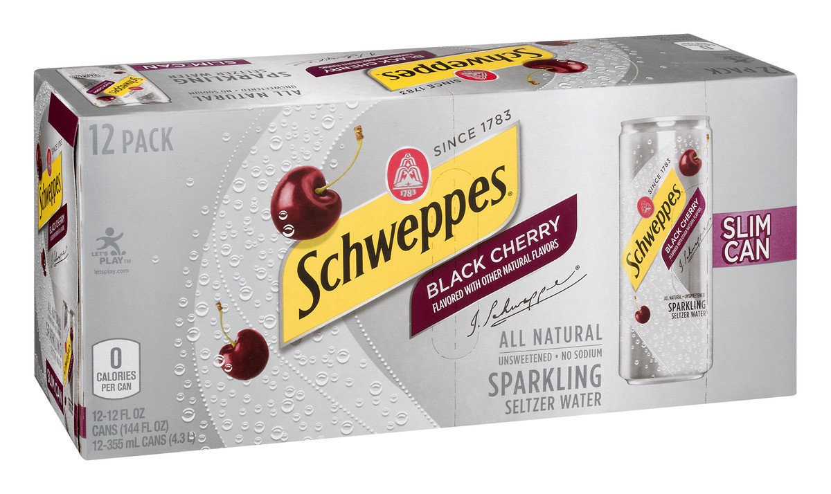 slide 4 of 9, Schweppes Black Cherry Sparkling Seltzer Water, 12 fl oz slim cans, 12 pack, 12 ct