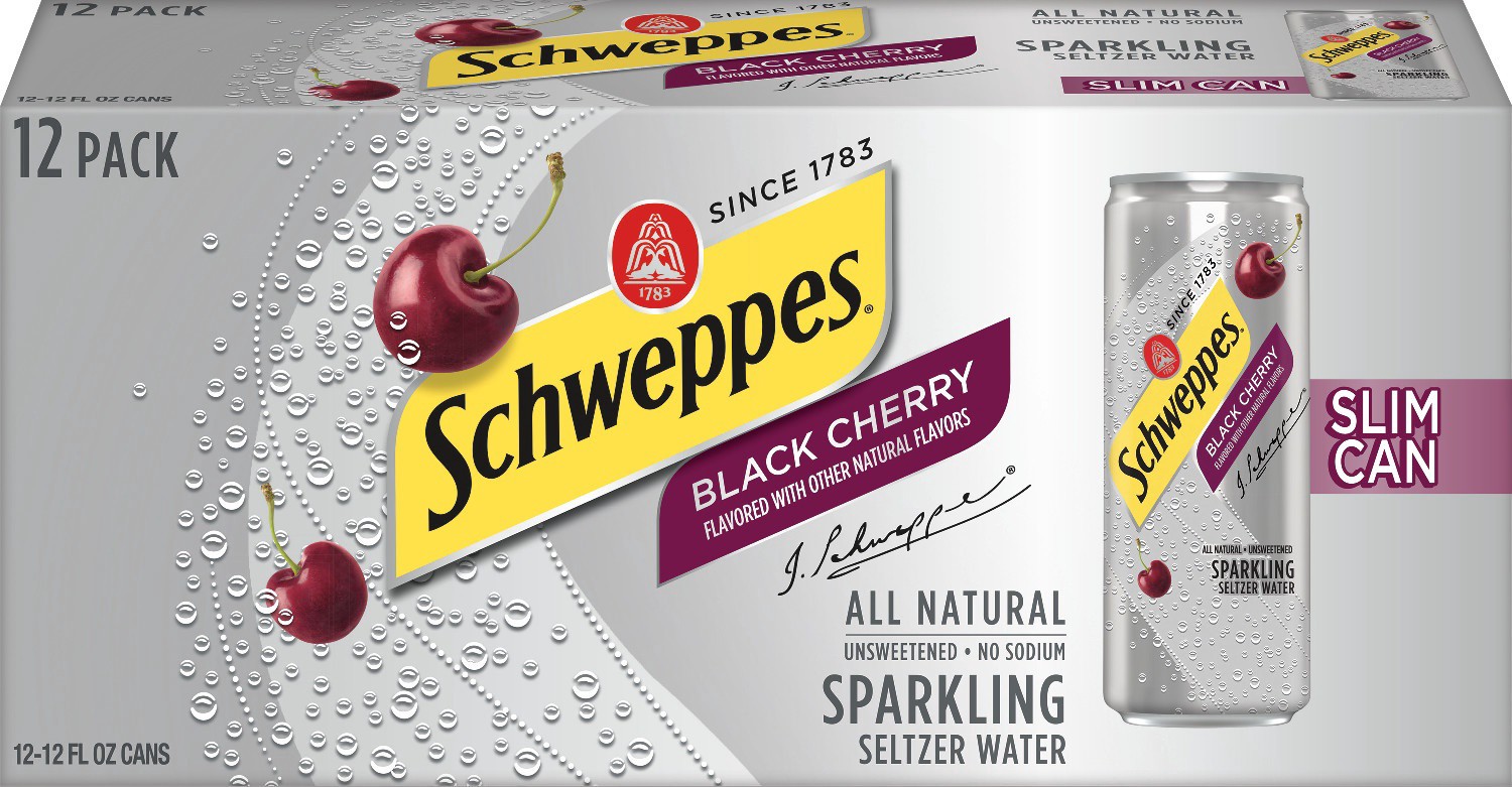 slide 1 of 9, Schweppes Black Cherry Sparkling Seltzer Water, 12 fl oz slim cans, 12 pack, 12 ct