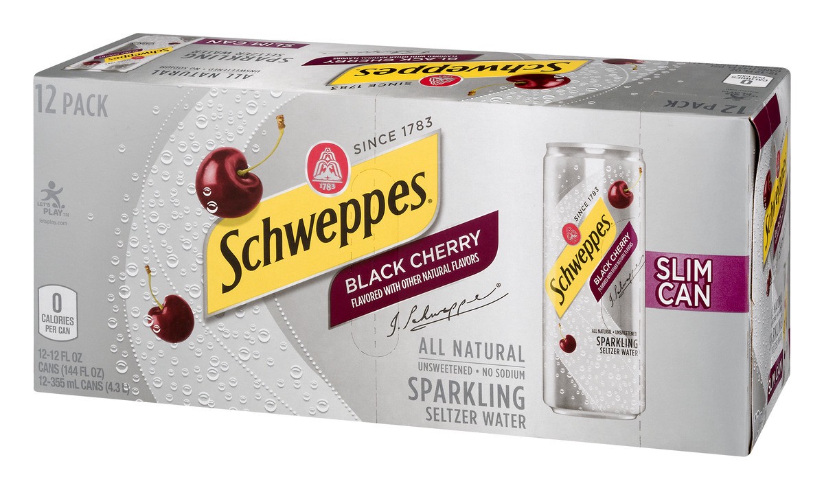 slide 2 of 9, Schweppes Black Cherry Sparkling Seltzer Water, 12 fl oz slim cans, 12 pack, 12 ct