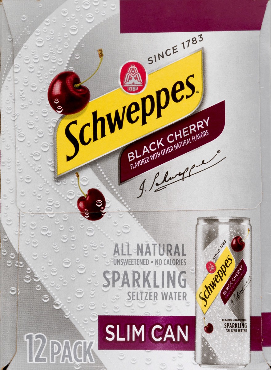 slide 8 of 9, Schweppes Black Cherry Sparkling Seltzer Water, 12 fl oz slim cans, 12 pack, 12 ct