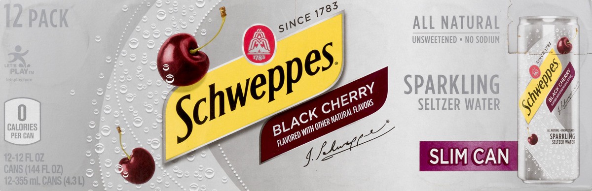 slide 9 of 9, Schweppes Black Cherry Sparkling Seltzer Water, 12 fl oz slim cans, 12 pack, 12 ct