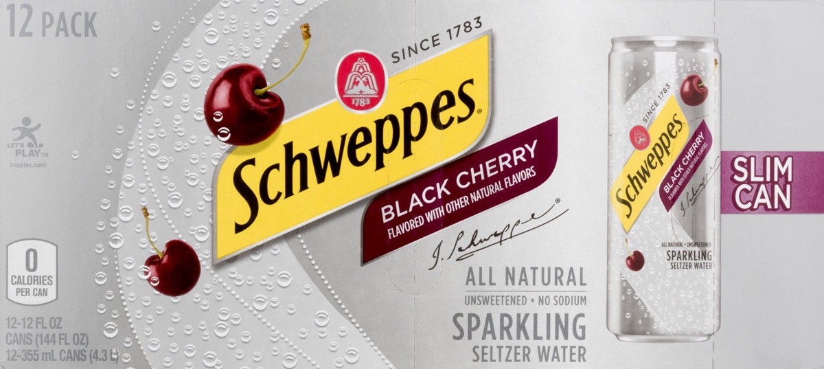 slide 3 of 9, Schweppes Black Cherry Sparkling Seltzer Water, 12 fl oz slim cans, 12 pack, 12 ct