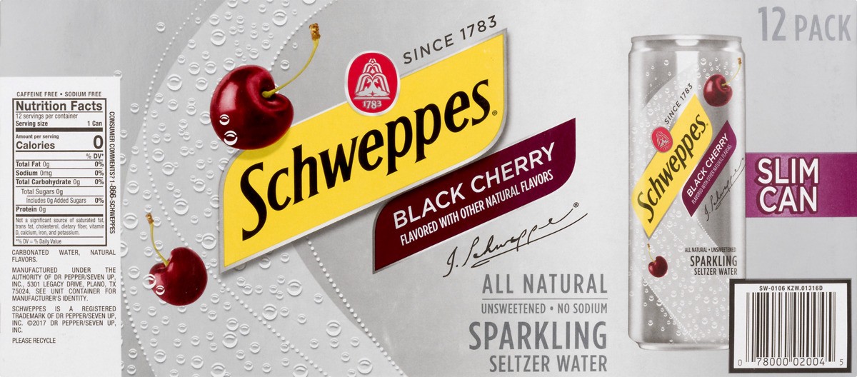 slide 6 of 9, Schweppes Black Cherry Sparkling Seltzer Water, 12 fl oz slim cans, 12 pack, 12 ct