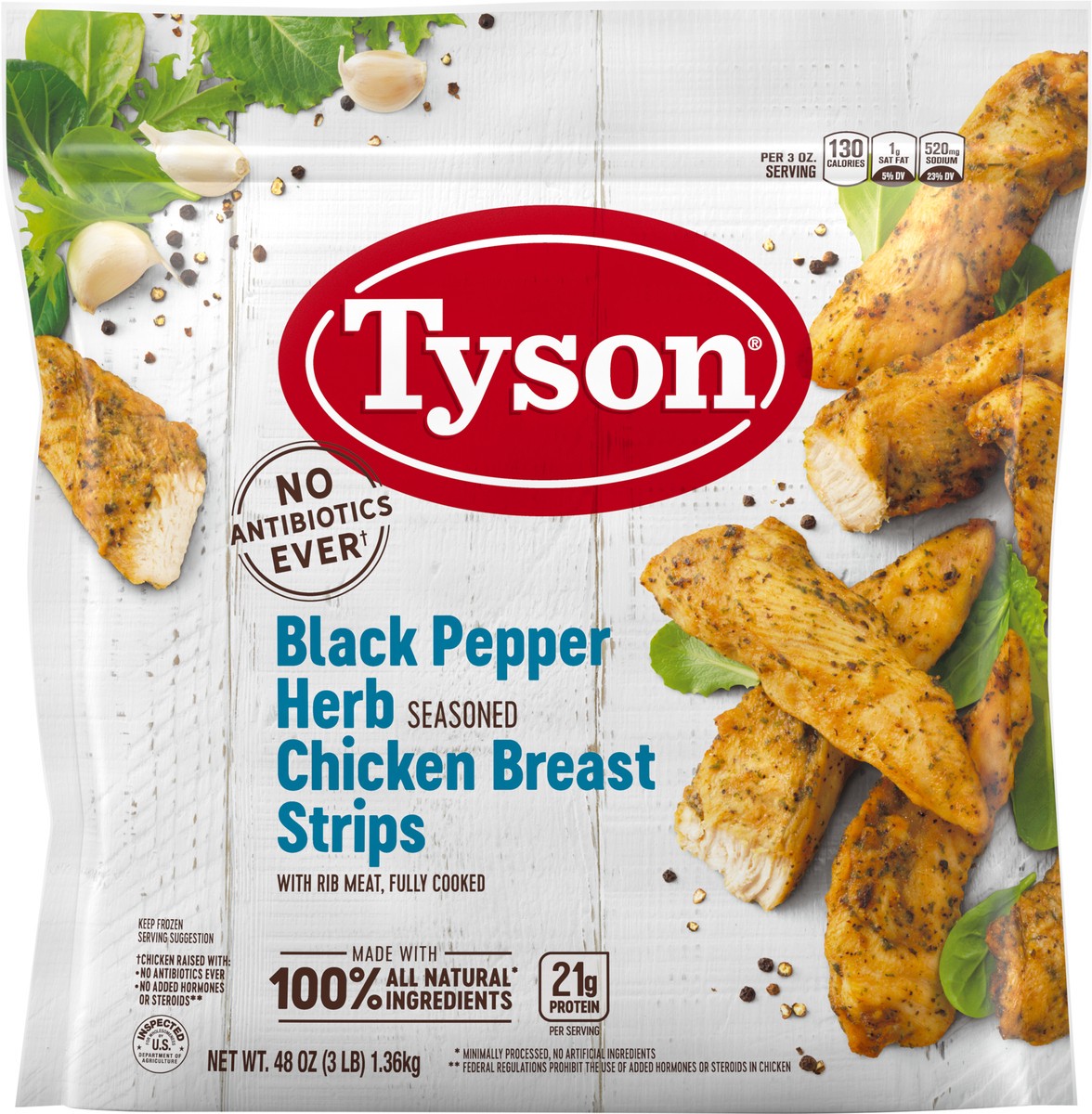 slide 4 of 9, Tyson Black Pepper Herb Seasoned Chicken Breast Strips, 3 lb. (Frozen), 