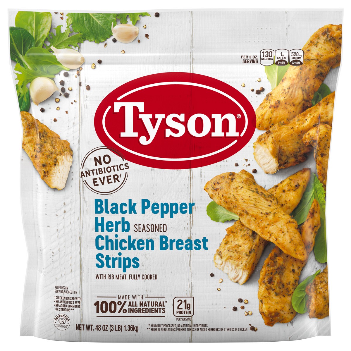 slide 1 of 9, Tyson Black Pepper Herb Seasoned Chicken Breast Strips, 3 lb. (Frozen), 