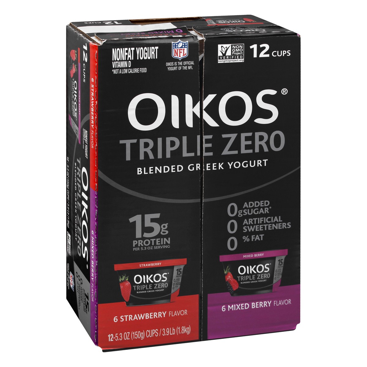 slide 6 of 9, Oikos Triple Zero Strawberry, Mixed Berry and Peach Nonfat Greek Yogurt Pack, 0% Fat, 0g Added Sugar and 0 Artificial Sweeteners, Just Delicious High Protein Yogurt, 12 Ct, 5.3 OZ Cups, 5.3 oz