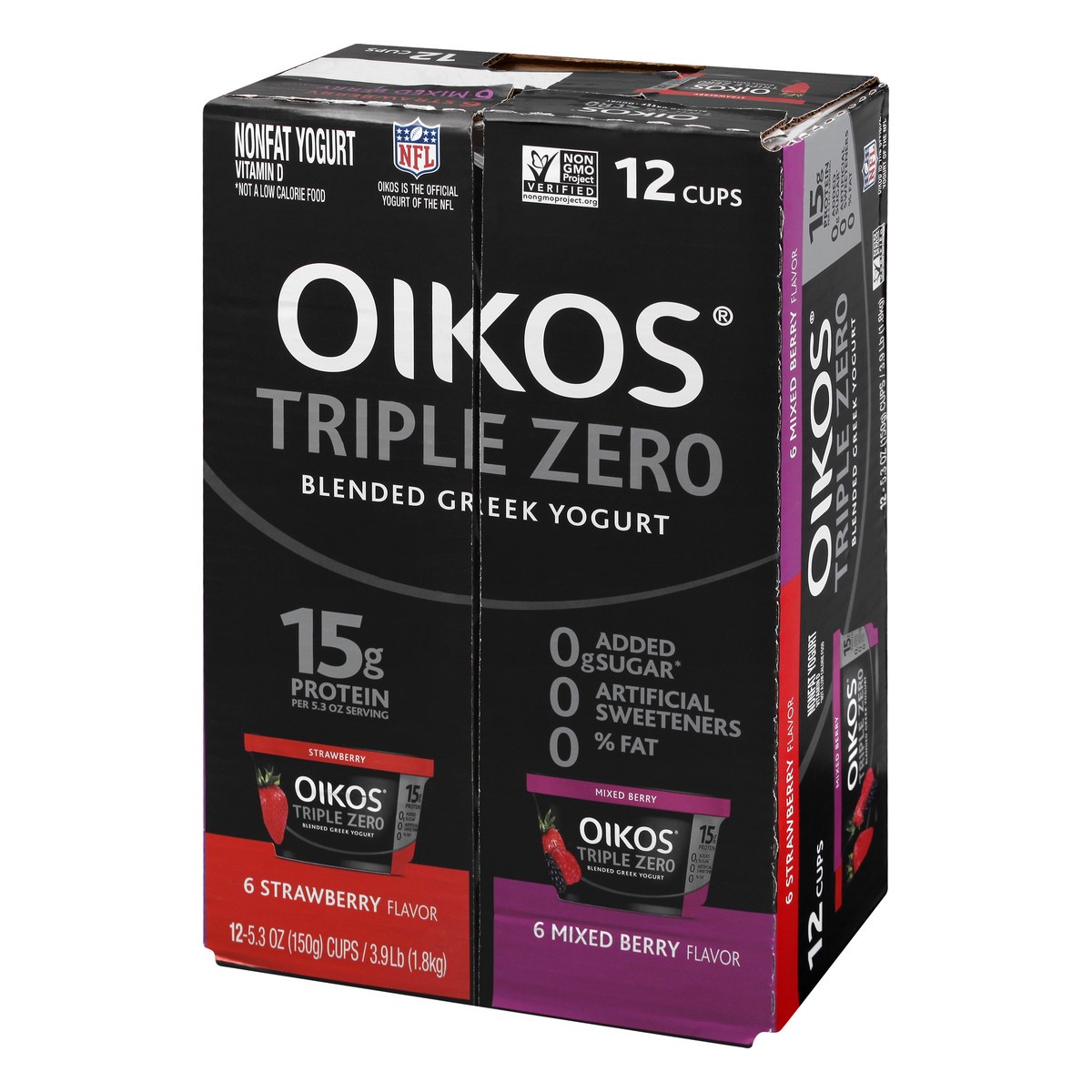 slide 3 of 9, Oikos Triple Zero Strawberry, Mixed Berry and Peach Nonfat Greek Yogurt Pack, 0% Fat, 0g Added Sugar and 0 Artificial Sweeteners, Just Delicious High Protein Yogurt, 12 Ct, 5.3 OZ Cups, 5.3 oz