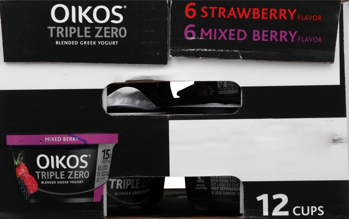 slide 5 of 9, Oikos Triple Zero Strawberry, Mixed Berry and Peach Nonfat Greek Yogurt Pack, 0% Fat, 0g Added Sugar and 0 Artificial Sweeteners, Just Delicious High Protein Yogurt, 12 Ct, 5.3 OZ Cups, 5.3 oz