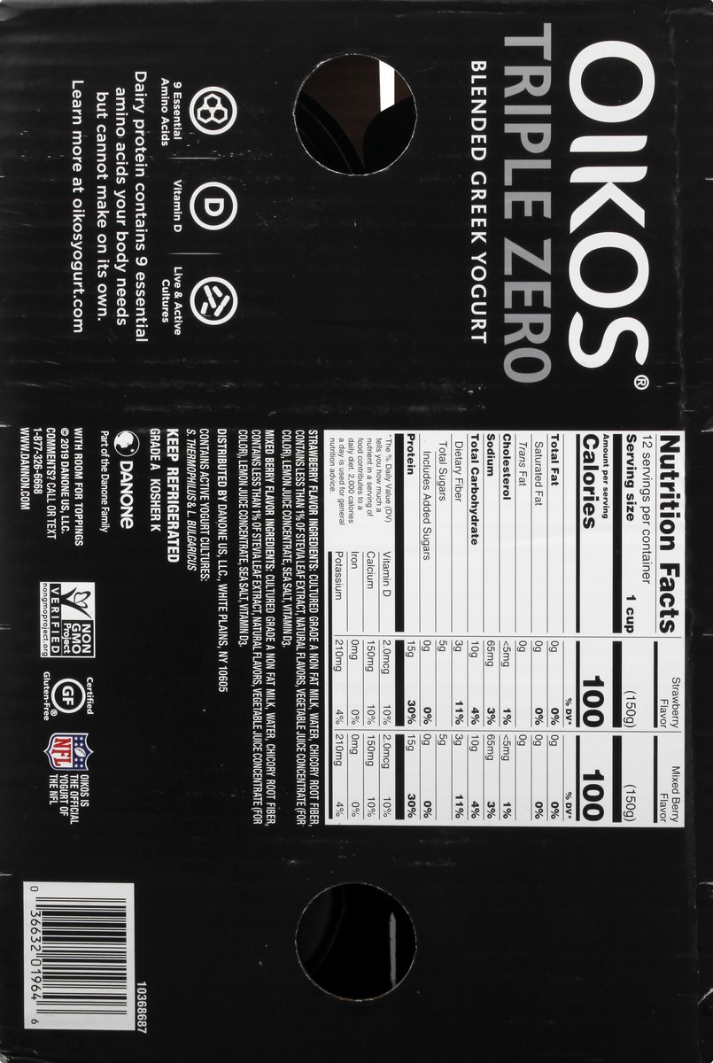 slide 7 of 9, Oikos Triple Zero Strawberry, Mixed Berry and Peach Nonfat Greek Yogurt Pack, 0% Fat, 0g Added Sugar and 0 Artificial Sweeteners, Just Delicious High Protein Yogurt, 12 Ct, 5.3 OZ Cups, 5.3 oz