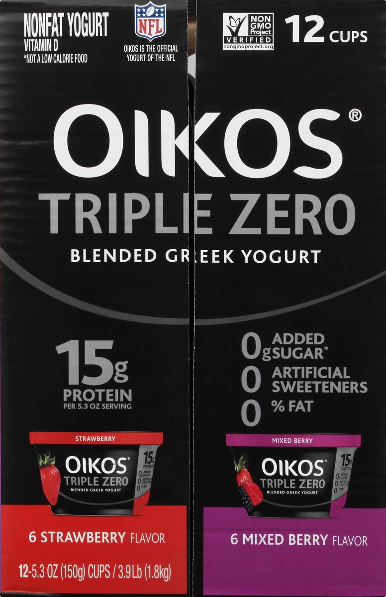 slide 9 of 9, Oikos Triple Zero Strawberry, Mixed Berry and Peach Nonfat Greek Yogurt Pack, 0% Fat, 0g Added Sugar and 0 Artificial Sweeteners, Just Delicious High Protein Yogurt, 12 Ct, 5.3 OZ Cups, 5.3 oz