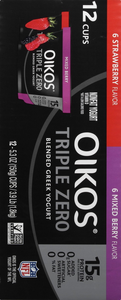 slide 4 of 9, Oikos Triple Zero Strawberry, Mixed Berry and Peach Nonfat Greek Yogurt Pack, 0% Fat, 0g Added Sugar and 0 Artificial Sweeteners, Just Delicious High Protein Yogurt, 12 Ct, 5.3 OZ Cups, 5.3 oz