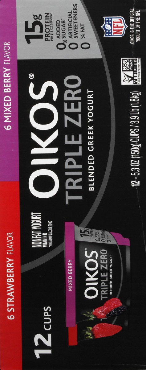 slide 2 of 9, Oikos Triple Zero Strawberry, Mixed Berry and Peach Nonfat Greek Yogurt Pack, 0% Fat, 0g Added Sugar and 0 Artificial Sweeteners, Just Delicious High Protein Yogurt, 12 Ct, 5.3 OZ Cups, 5.3 oz