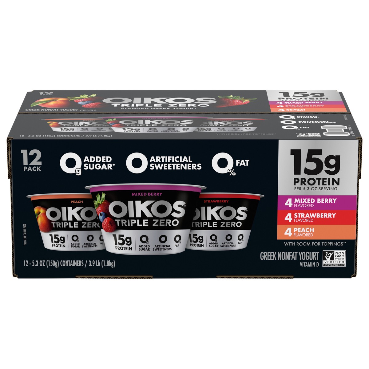 slide 1 of 9, Oikos Triple Zero Strawberry, Mixed Berry and Peach Nonfat Greek Yogurt Pack, 0% Fat, 0g Added Sugar and 0 Artificial Sweeteners, Just Delicious High Protein Yogurt, 12 Ct, 5.3 OZ Cups, 5.3 oz
