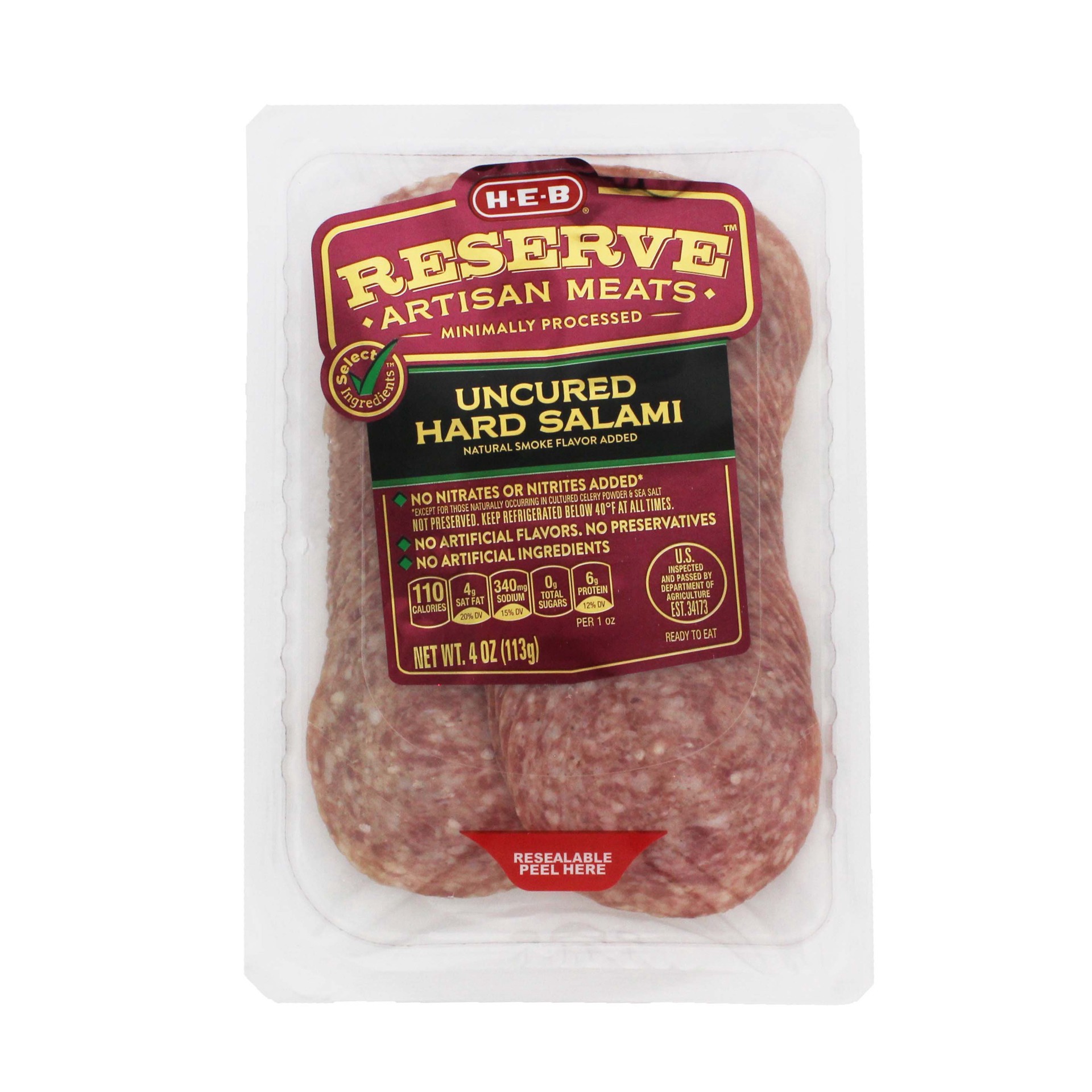 slide 1 of 1, H-E-B Reserve Uncured Hard Salami, 4 oz