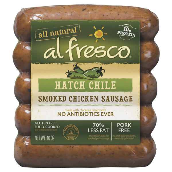 slide 1 of 1, Al Fresco Hatch Chile Chicken Sausage Skinless, 10 oz