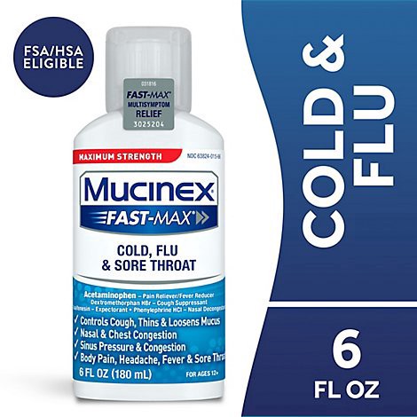 slide 1 of 1, Mucinex Fast-Max Cold Flu & Sore Throat Medicine 9 Symptom Relief Liquid - 6 Fl. Oz., 6 fl oz