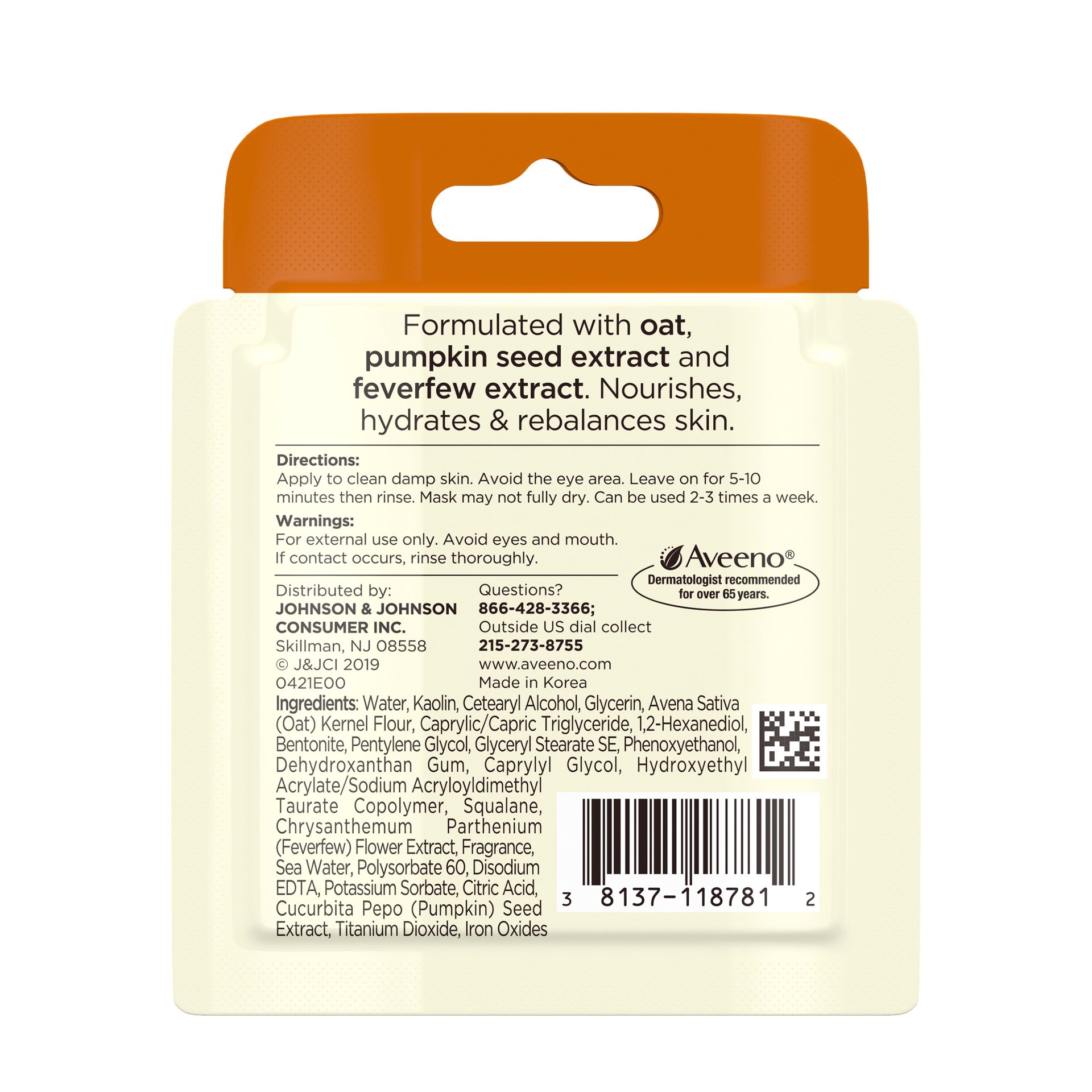 slide 3 of 5, Aveeno Oat Face Mask with Soothing Pumpkin Seed Extract and Feverfew Extract, to Rebalance and Hydrate Skin, Paraben Free, Phthalate-Free, Single Use Travel Size,.35 oz, 0.35 oz