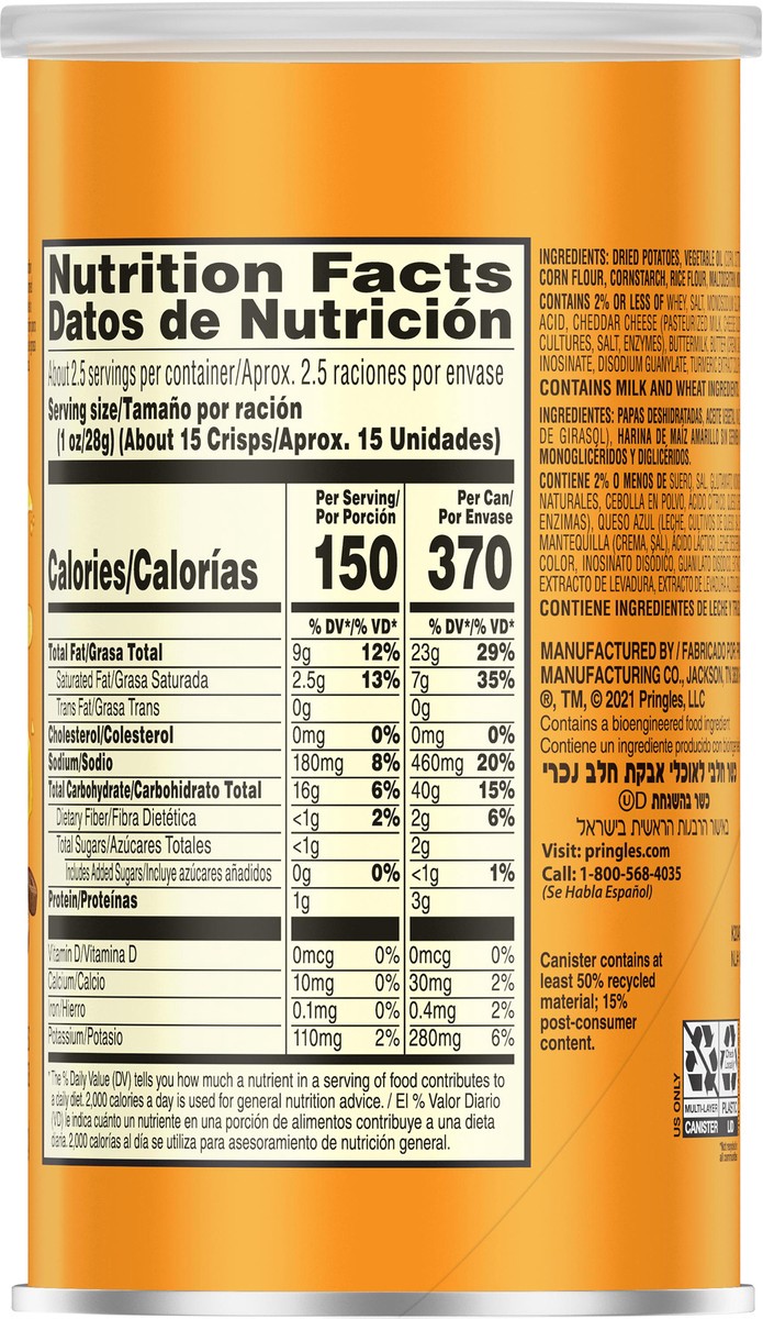 slide 6 of 8, Pringles Potato Crisps Chips, Lunch Snacks, Office and Kids Snacks, Grab N' Go Snack Pack, Cheddar Cheese, 2.5oz Can, 1 Can, 2.5 oz