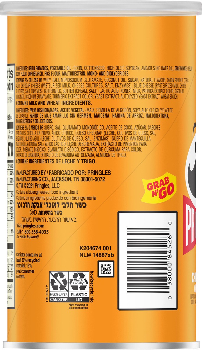 slide 2 of 8, Pringles Potato Crisps Chips, Lunch Snacks, Office and Kids Snacks, Grab N' Go Snack Pack, Cheddar Cheese, 2.5oz Can, 1 Can, 2.5 oz