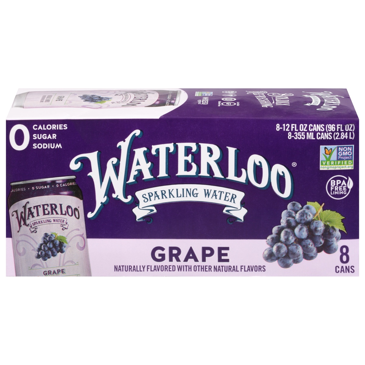 slide 1 of 1, Waterloo Grape Sparkling Water 8 - 12 fl oz Cans, 