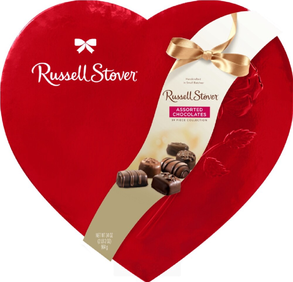 slide 1 of 3, Russell Stover Assorted Chocolate Red Foil Heart Box, 34 oz