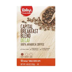Raley's Purely Made Coffee, Capital Breakfast Blend, Light, Decaf, Onecup Single Serve Cups - 12 ct