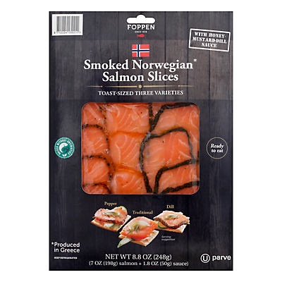 slide 1 of 1, Foppen Salmon Slices Smoked Norwegian Toast-Sized Three Varieties, 8.8 oz