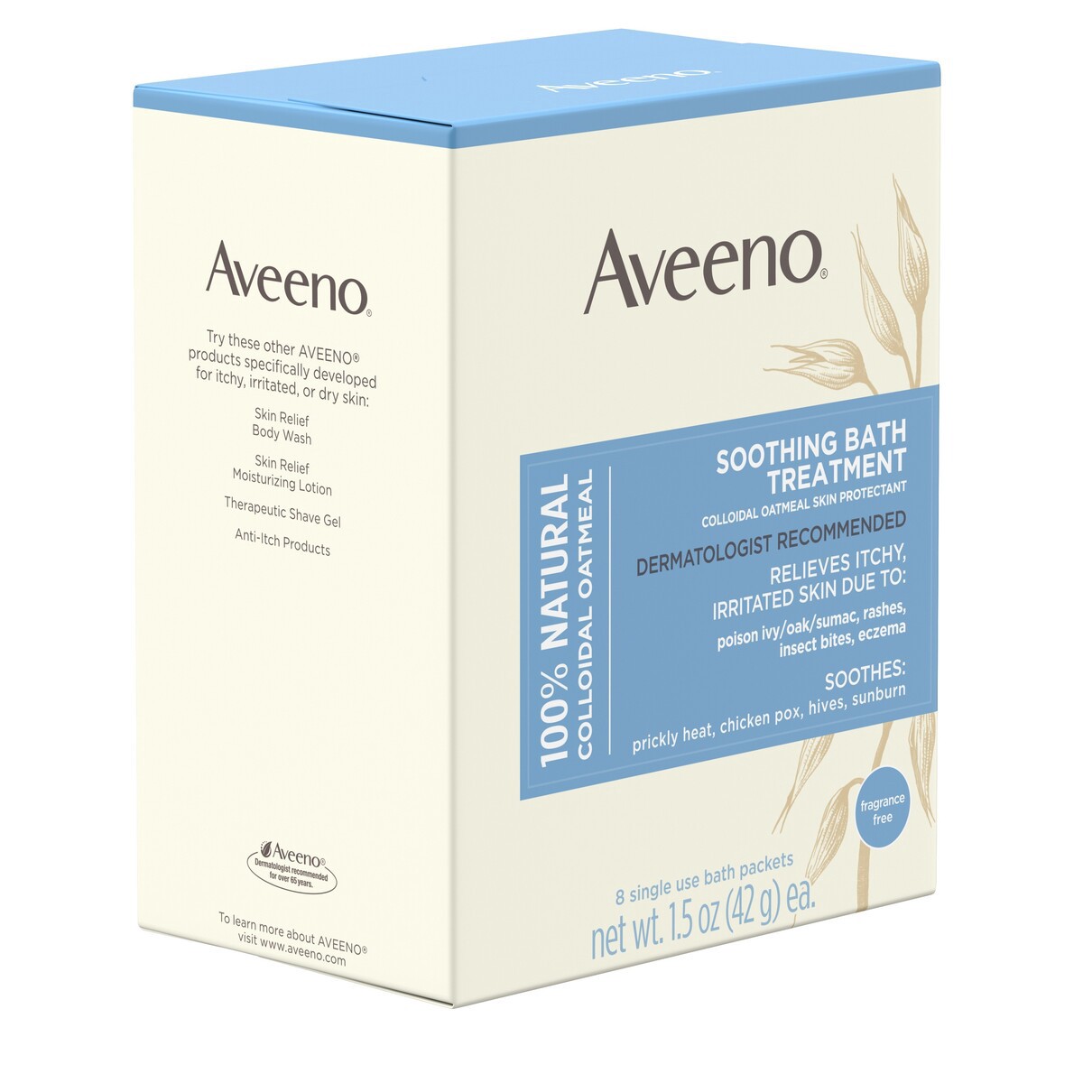 slide 4 of 5, Aveeno Fragrance Free Soothing Bath Treatment, 100% Natural Colloidal Oatmeal, Sensitive Skin Bath Soak for Relief of Dry, Itchy, Irritated Skin Due to Eczema & Hives, Bath Packets, 8 ct., 12 oz