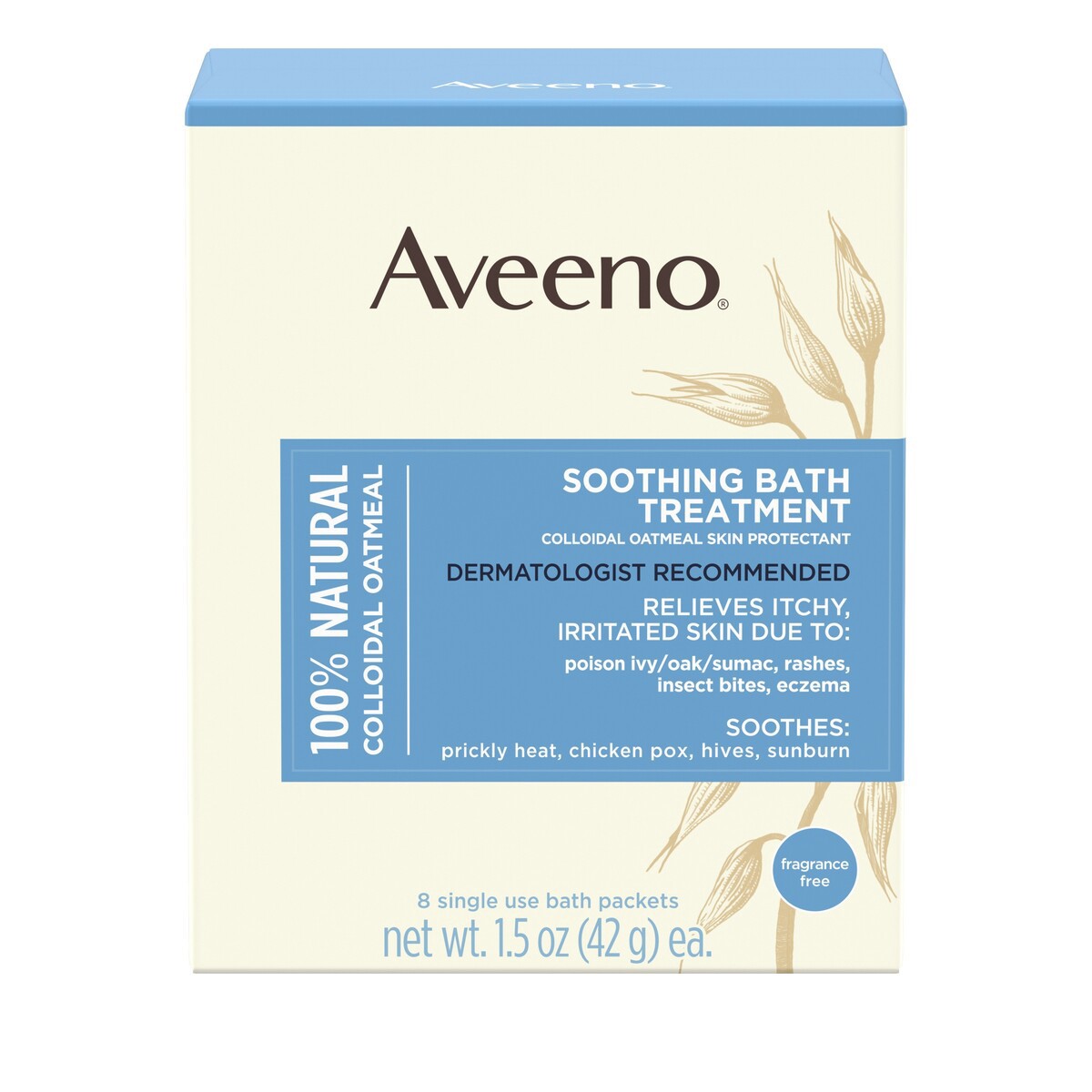 slide 1 of 5, Aveeno Fragrance Free Soothing Bath Treatment, 100% Natural Colloidal Oatmeal, Sensitive Skin Bath Soak for Relief of Dry, Itchy, Irritated Skin Due to Eczema & Hives, Bath Packets, 8 ct., 12 oz