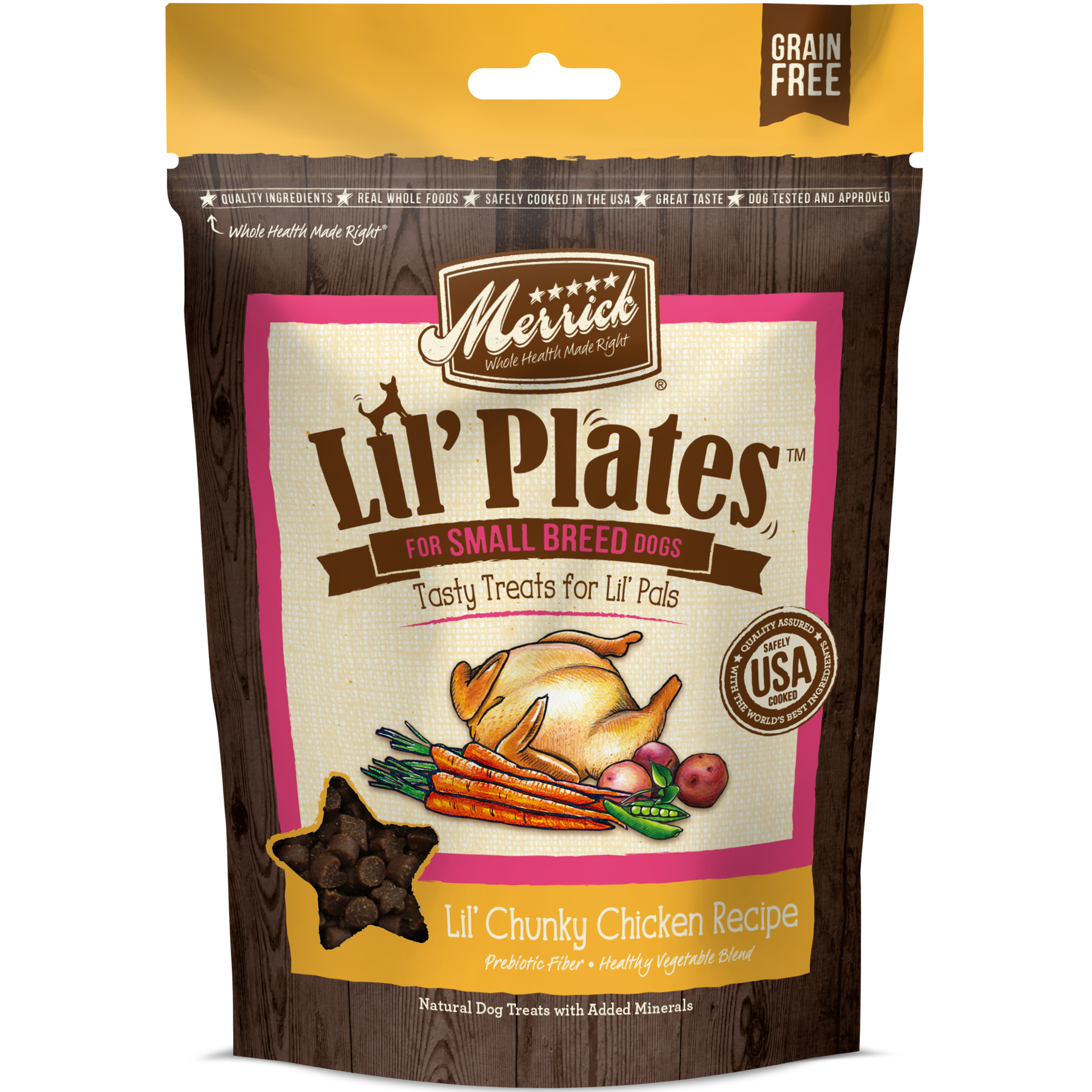 slide 1 of 9, Merrick Lil'' Plates Grain Free Small Dog Treats, Natural Training Treats For Small Dogs, Lil'' Chunky Chicken, 5 oz