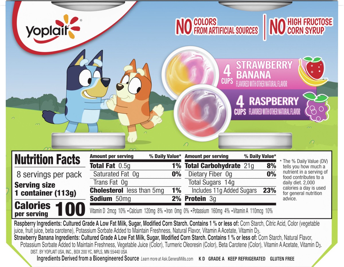 slide 10 of 11, Yoplait Bluey Raspberry and Strawberry Banana Yogurt 4 oz. Cups, Kids Yogurt Pack of 8, 8 ct