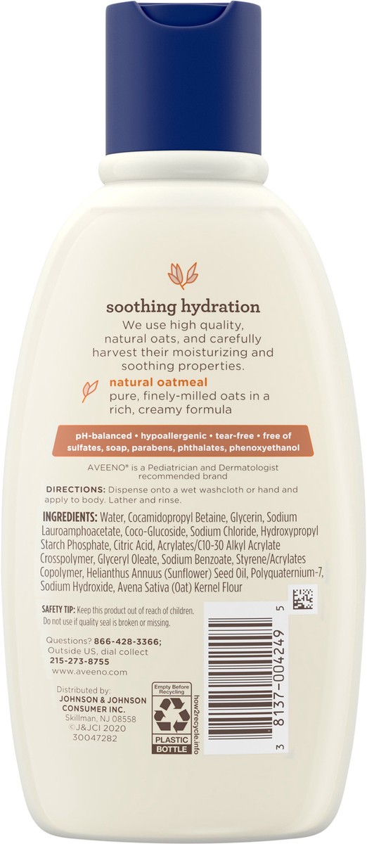 slide 4 of 7, Aveeno Soothing Hydration Creamy Body Wash with Natural Oatmeal, Tear-Free Baby Bath Wash for Dry & Sensitive Skin, Hypoallergenic, Fragrance-, Sulfate- & Paraben-Free, 8 fl oz