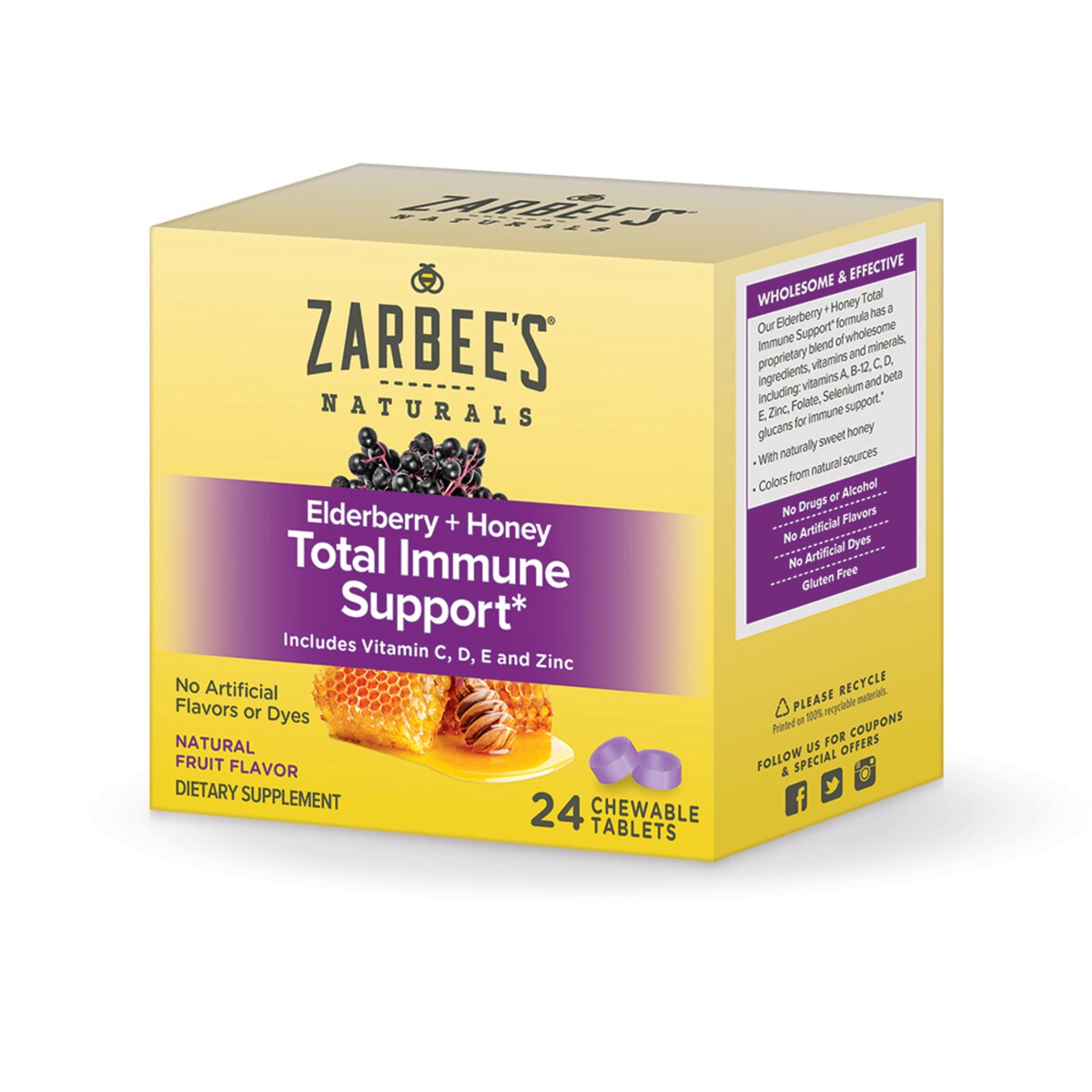 slide 3 of 7, Zarbee's Naturals Elderberry + Honey Total Immune Support Daily Chewable Tablets, 24 ct, 24 ct
