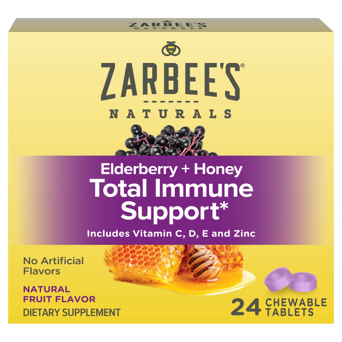 slide 1 of 7, Zarbee's Naturals Elderberry + Honey Total Immune Support Daily Chewable Tablets, 24 ct, 24 ct