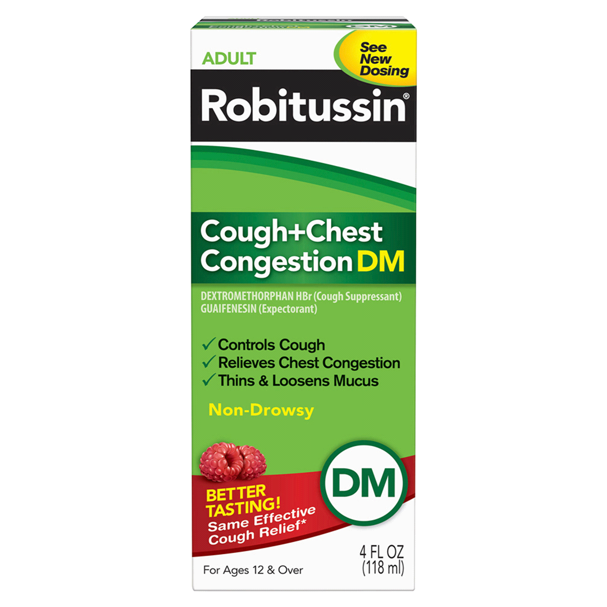 slide 1 of 1, Robitussin Cough and Chest Congestion DM, Cough Suppressant and Expectorant, Raspberry Flavor - 4 Fl Oz Bottle, 4 fl oz