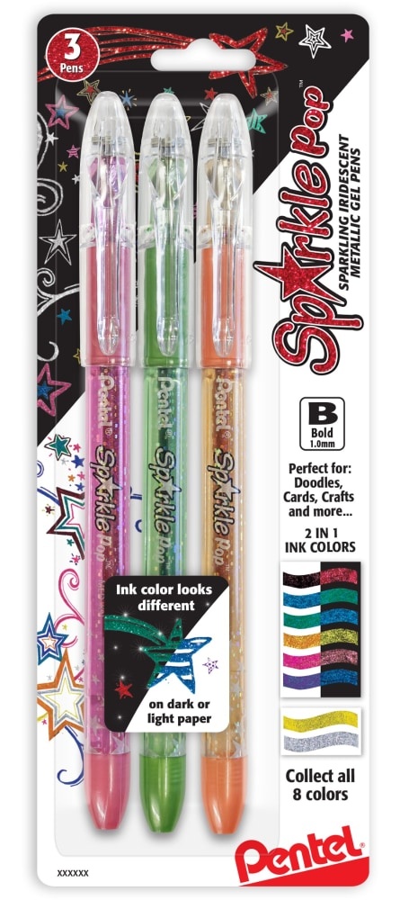 slide 1 of 1, Pentel Sparkle Pop Gel Pens - Pink/Green/Orange, 3 ct