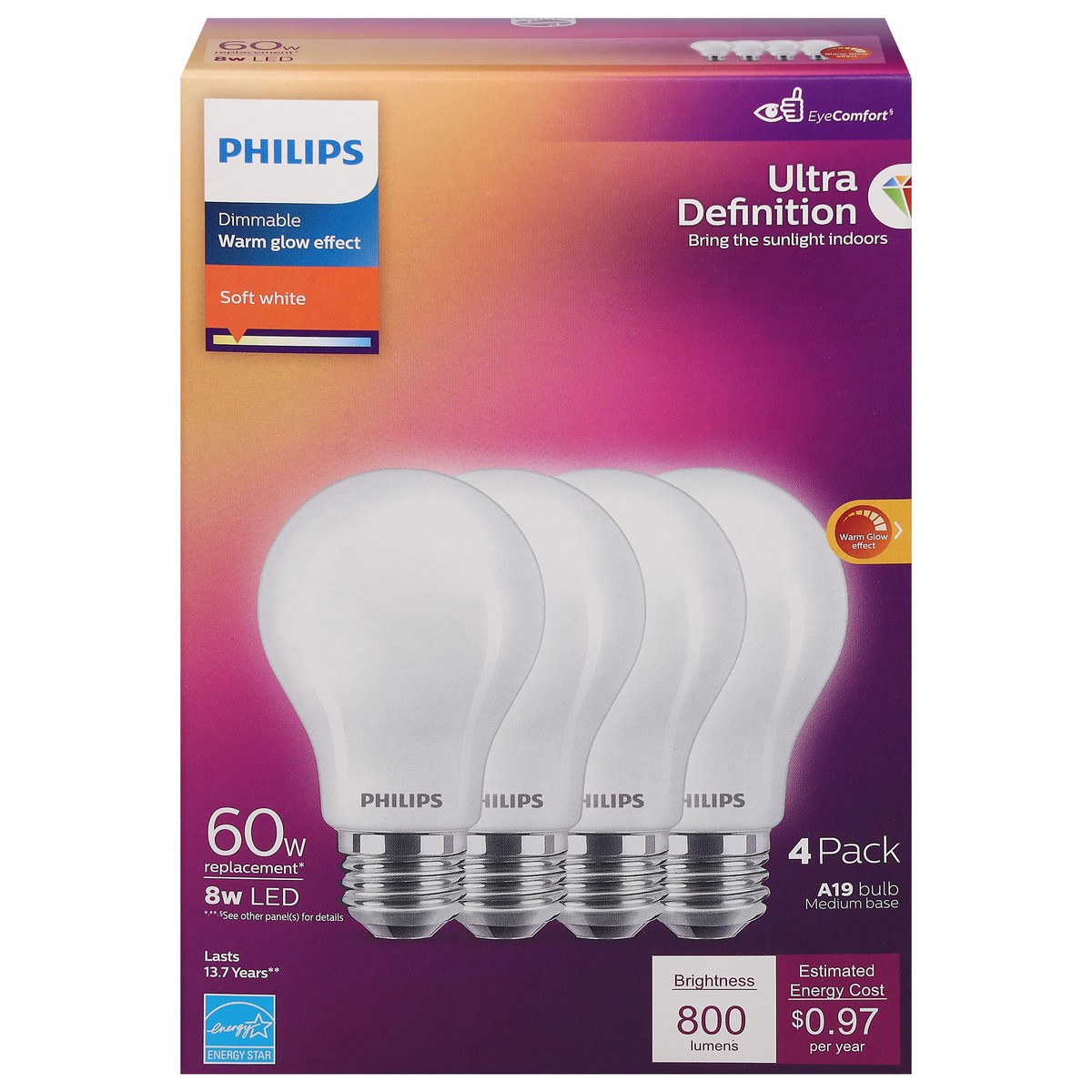 slide 1 of 9, Philips 8 Watts Warm Glow Effect Dimmable Soft White LED Light Bulbs 4 ea, 4 ct