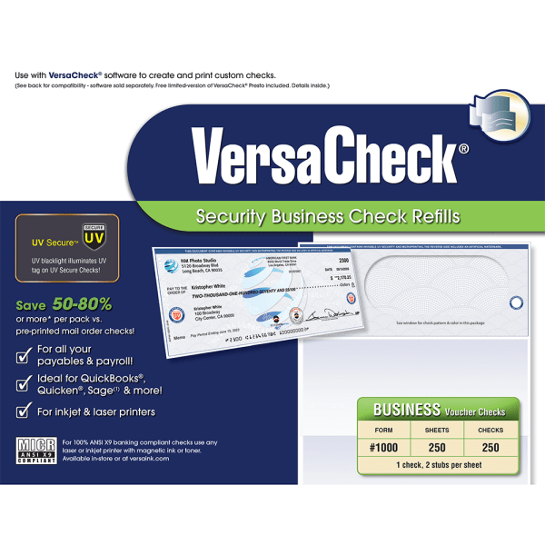 slide 3 of 3, Versacheck Uv Secure Business Check Refills, Form #1000, Business Voucher, Blue Elite, 250 Sheets, Download/Product Key, 250 ct